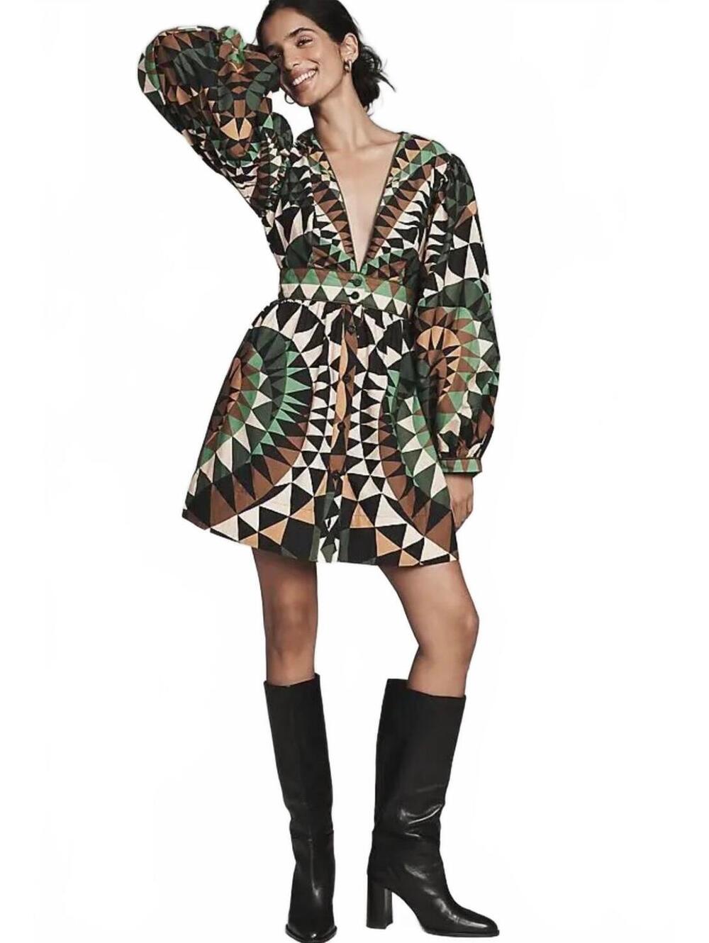 NWT Farm Rio Green Heart Deco Puff Sleeve Mini Dress size XS
